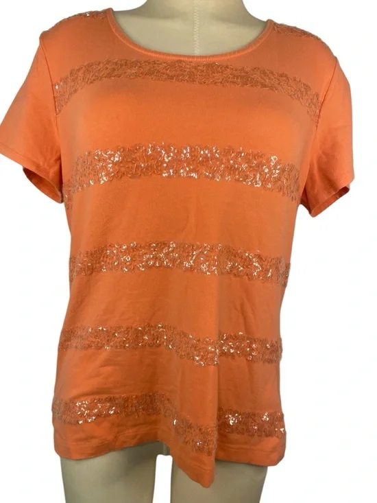 Chicos Orange Short-Sleeve Sequin Stripe Top Women’s Size 2 - Picture 1 of 3